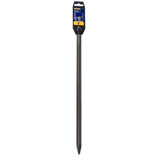 Photo of IRWIN 332001 steel pointed chisel bit, side angle, with blue and yellow label against white background.