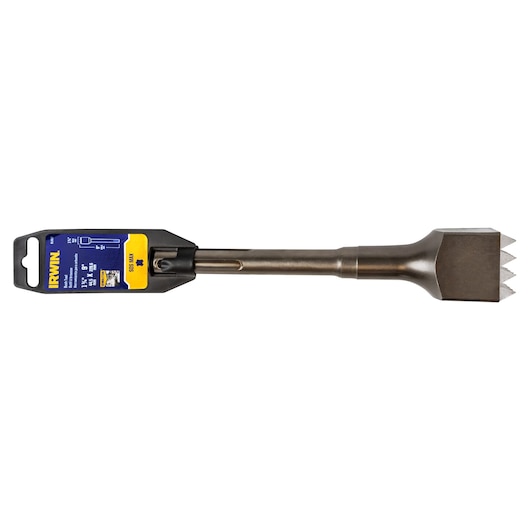 IRWIN 332017 masonry chisel with SDS-Max shank, flat steel body, and serrated head, side angle on white background.