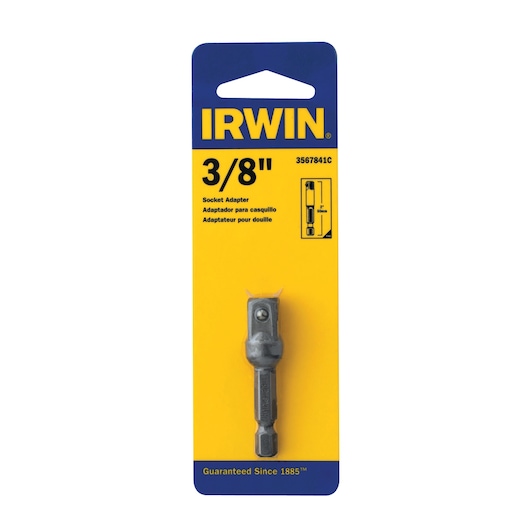 IRWIN 3567841C socket adapter 3/8 inch in retail packaging, front view on white background.