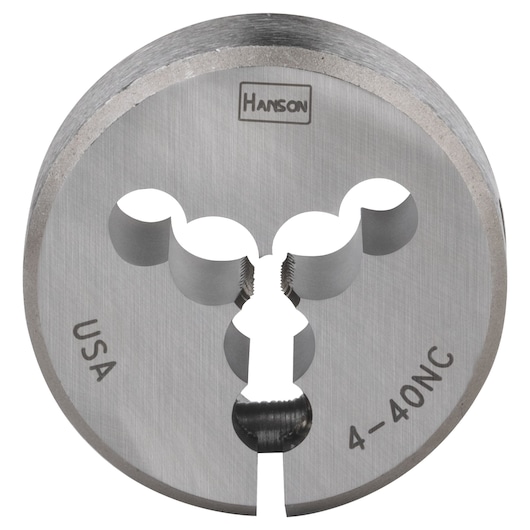 IRWIN 3712 round steel threading die, brushed metal finish, front angle on white background, HANSON marking.