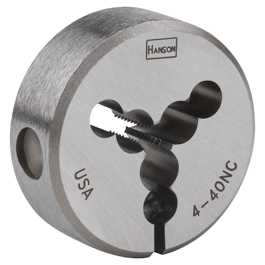 IRWIN 3712 round steel threading die, silver finish, side angle photo, engraved with HANSON and 4-40NC marking.