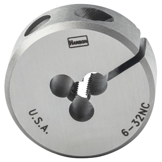 IRWIN Hanson round threading die, SKU 3718, silver steel, front angle, for cutting 6-32 NC threads.