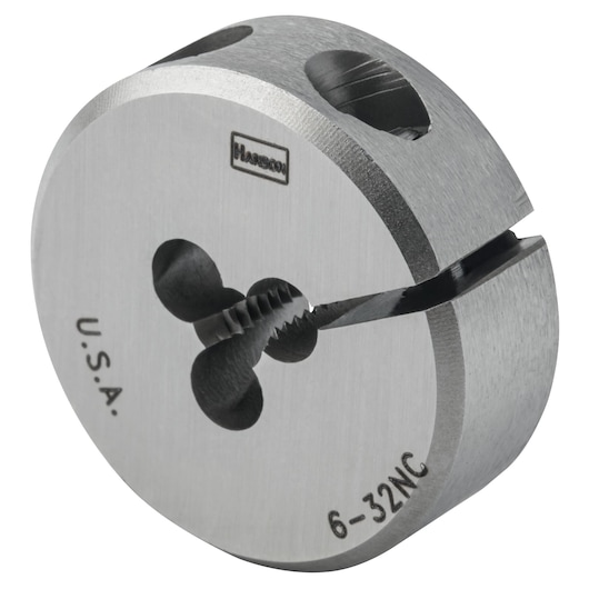 IRWIN 3718 round steel threading die, 6-32NC, silver finish, close-up angle on white background.