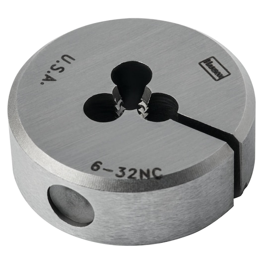 IRWIN 3718 round steel threading die, 6-32NC marking, close-up on white background, cutting tool.