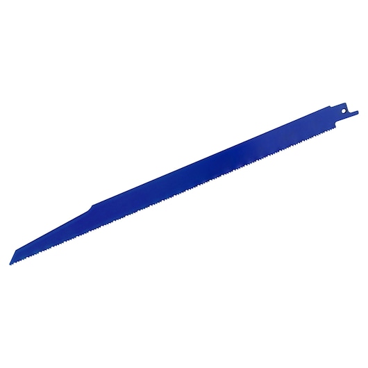 IRWIN reciprocating saw blade 372110BB, blue, side angle, fine teeth, photography on white background.
