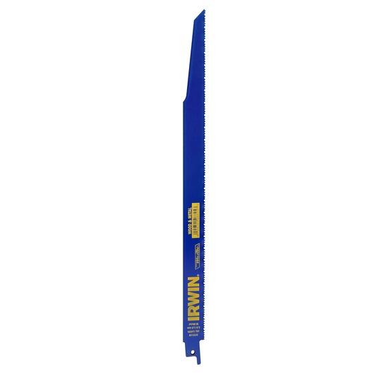 IRWIN reciprocating saw blade 372110BB, blue with yellow text, straight angle on white background.