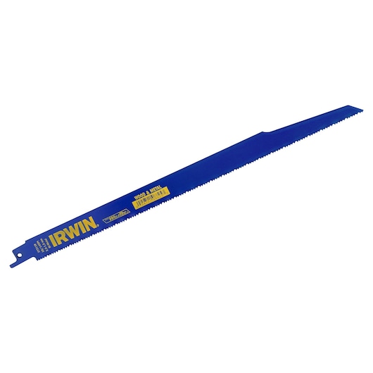 IRWIN 372110BB blue reciprocating saw blade for wood and metal, product photography on white background.