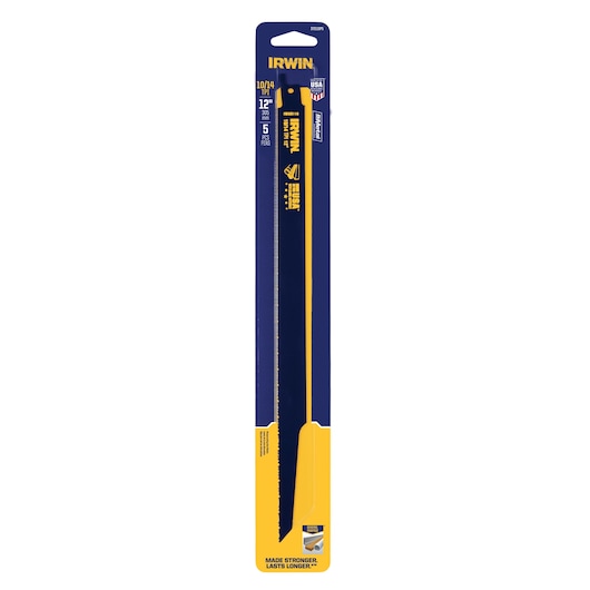 IRWIN 372110P5 reciprocating saw blade 5-pack in blue and yellow retail packaging, front angle on white background.