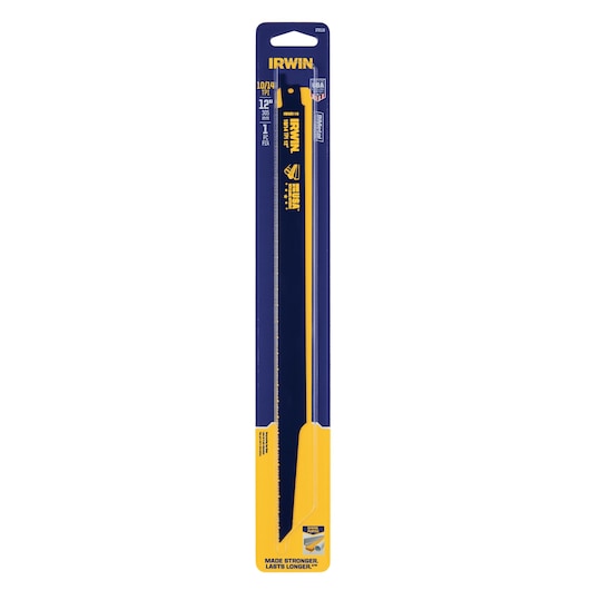 IRWIN 372110 reciprocating saw blade, 12 inch, blue and yellow packaging, front angle, photography.