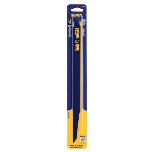 IRWIN 372118P5 hacksaw blade pack, 12 inch, 18 TPI, blue and yellow, product on white background, front view.