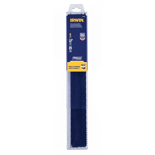 IRWIN 372156B reciprocating saw blades 25-pack, 12-inch, 6 TPI, in blue packaging, front angle.
