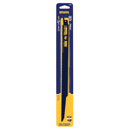 Photo of IRWIN 372156P5 reciprocating saw blade pack, yellow and black, 12-inch, 5-piece, front angle.