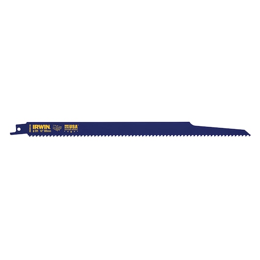 IRWIN 372156 blue reciprocating saw blade, 12 inch, 6 TPI, side angle on white background.