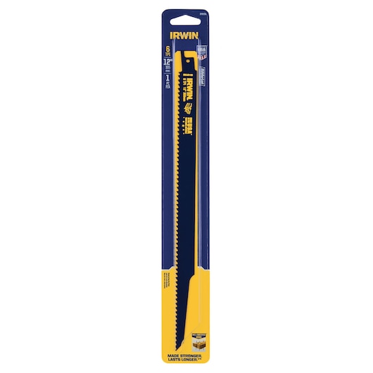 IRWIN 372156 photography of reciprocating saw blade, 12 inch, 6 TPI, yellow and blue, front angle.