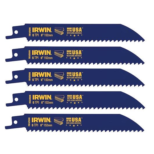 IRWIN 372606P5 blue reciprocating saw blades, 6-inch, 6 TPI, set of five, front view on white background.