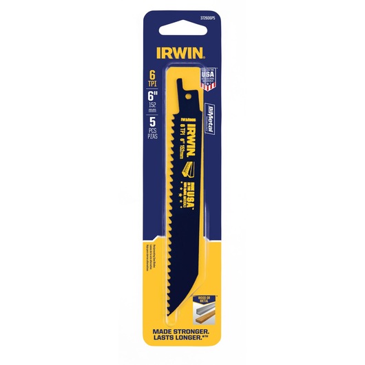 IRWIN 372606P5 bi-metal reciprocating saw blade pack, 6-inch, 6 TPI, 5 pieces, front angle, blue and yellow packaging