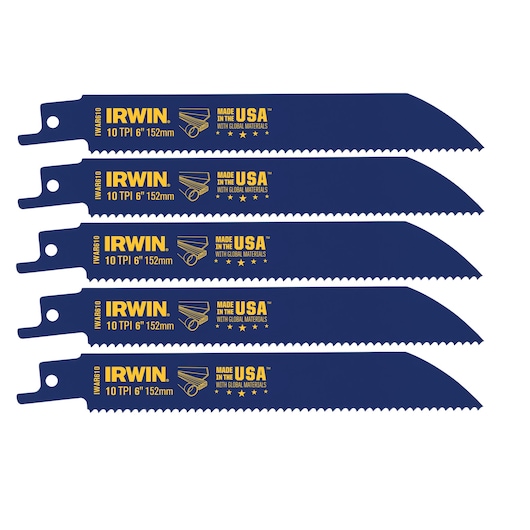 IRWIN SKU 372610P5 set of five blue 6-inch 10 TPI reciprocating saw blades, straight view on white background.