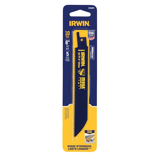 Photo of IRWIN 372610P5 reciprocating saw blade, 6 inch, 10 TPI, blue and yellow packaging, front view.