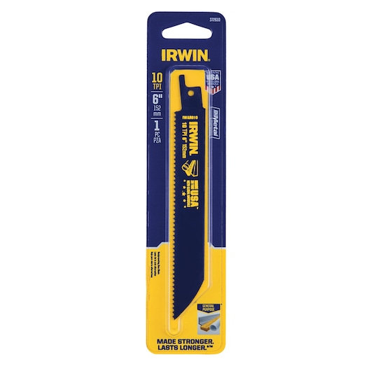 IRWIN 372610 saw blade 6 inch, 10 TPI, bi-metal, blue and yellow, retail packaging, front angle.