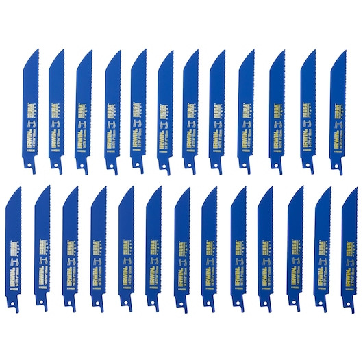IRWIN 372614B set of 20 blue reciprocating saw blades, straight-on view on white background.