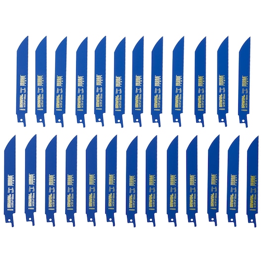 Photo of IRWIN 372614B reciprocating saw blade set, twenty blue metal blades arranged in rows, front angle view.