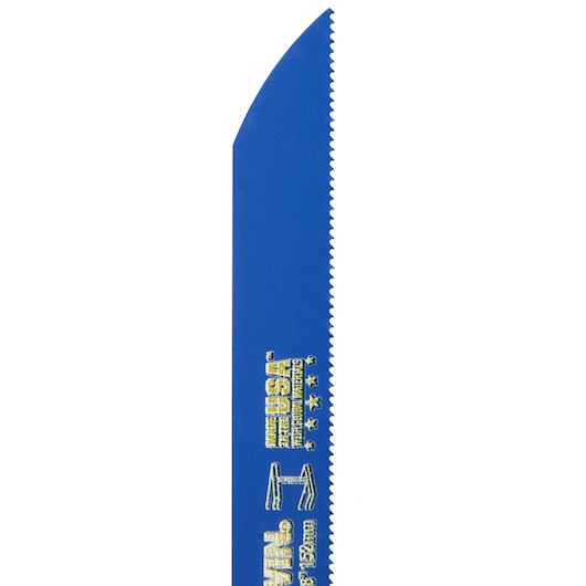 IRWIN 372614B blue reciprocating saw blade close-up on white background, showing teeth and printed details.