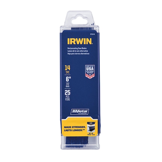 IRWIN reciprocating saw blades SKU 372614B, blue packaging, 14 TPI, 6 inch, 25 pieces, BiMetal, front angle.