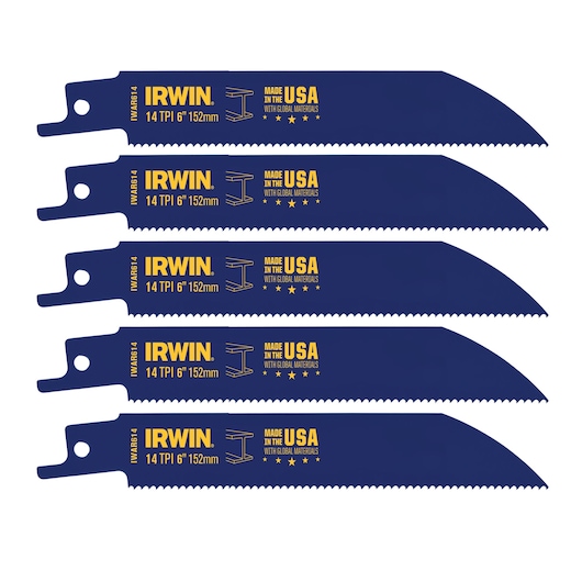 Photo of IRWIN 372614P5 reciprocating saw blade set, 5 blue metal blades, 6 inch length, 14 TPI, packaged on white background.