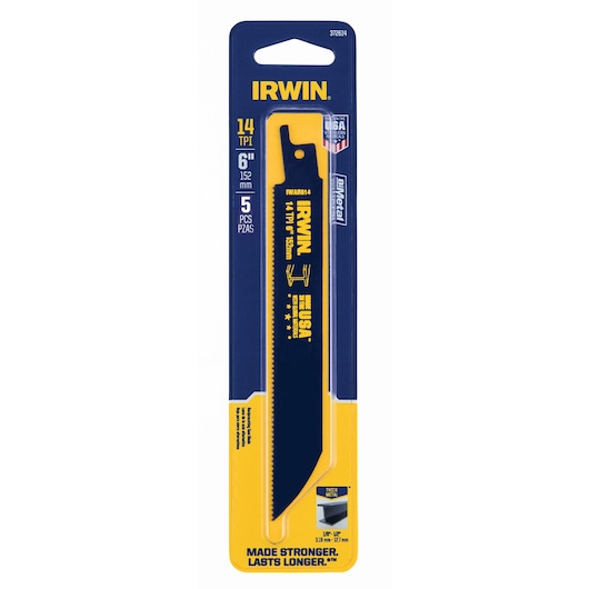 IRWIN 372614P5 bi-metal reciprocating saw blade pack, 6 inch, 14 TPI, front angle on white background.