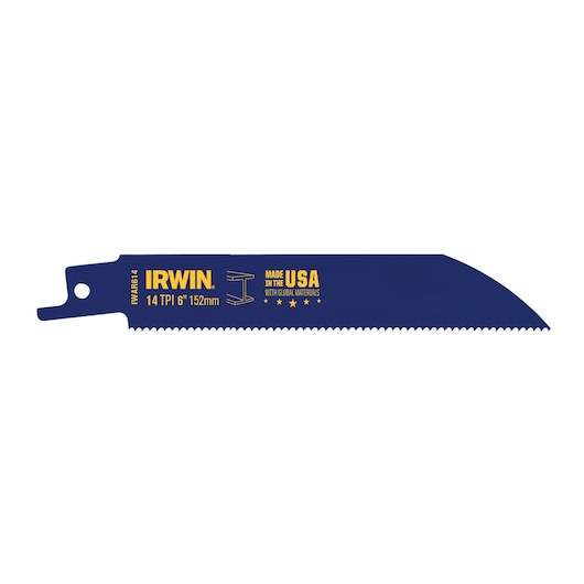 IRWIN 372614 reciprocating saw blade, blue with yellow text, 14 TPI, 6 inch, side angle on white background.