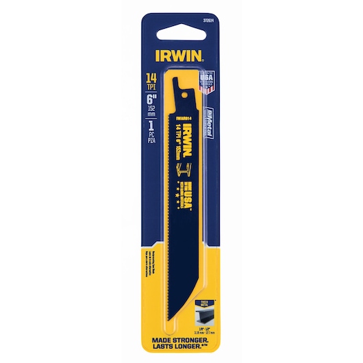 Photo of IRWIN 372614 bi-metal reciprocating saw blade, 6 inch, 14 TPI, blue and yellow packaging, front angle.