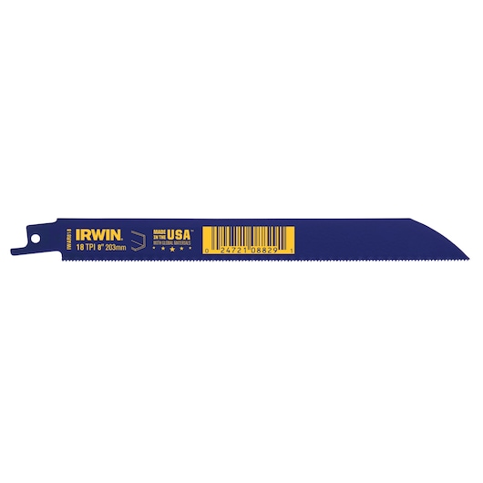 Photo of IRWIN blue reciprocating saw blade 372618BB, 8 inch, 18 TPI, straight angle on white background.