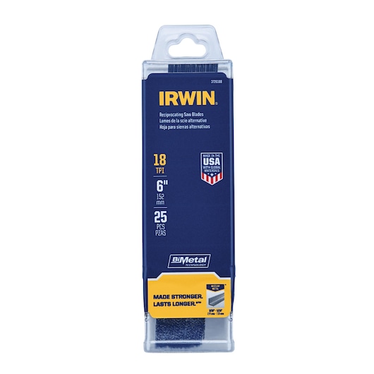 IRWIN 372618B reciprocating saw blades pack, blue packaging, front angle, 6 inch, 18 TPI, 25 pieces.