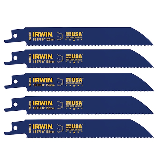 Photo of five IRWIN 372618P5 blue 6-inch 18 TPI reciprocating saw blades laid flat, white background.