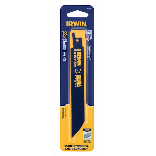 IRWIN 372618 bi-metal reciprocating saw blade, 18 TPI, 6 inch, medium metal, retail packaging, front angle.