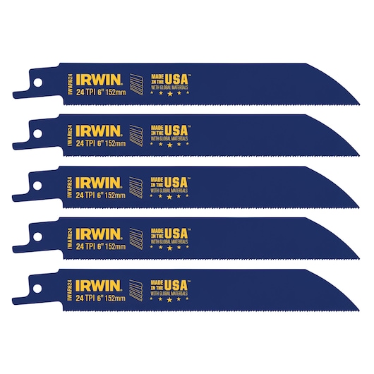 IRWIN 24 TPI 6 inch reciprocating saw blades, pack of five, blue with yellow branding, side angle, 372624P5.