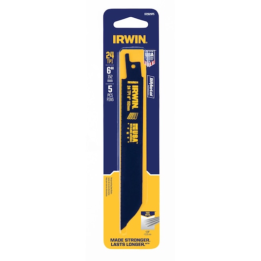 IRWIN 372624P5 bi-metal reciprocating saw blade pack front angle, 6 inch, 24 TPI, 5 pieces, blue and yellow.