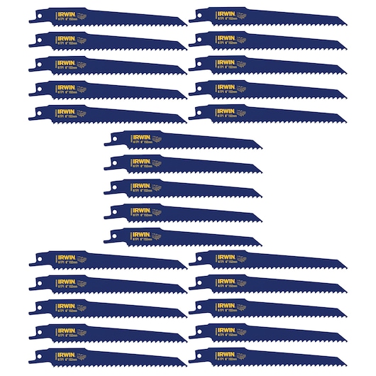 Photo of IRWIN 372656B blue reciprocating saw blades set, 6 TPI, 6 inch, arranged on white background.