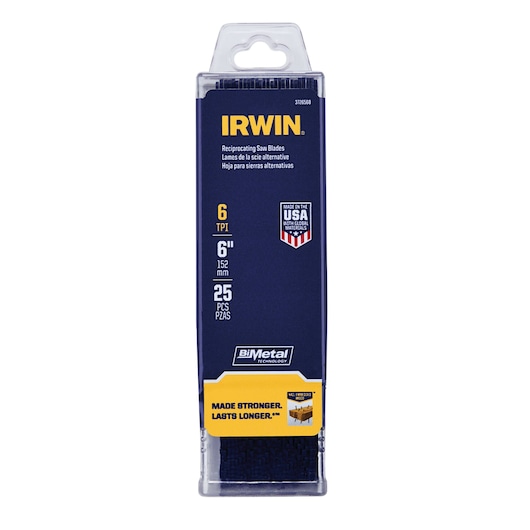 IRWIN 372656B reciprocating saw blades pack, 6 TPI, 6 inch, 25 pieces, front angle on white background.