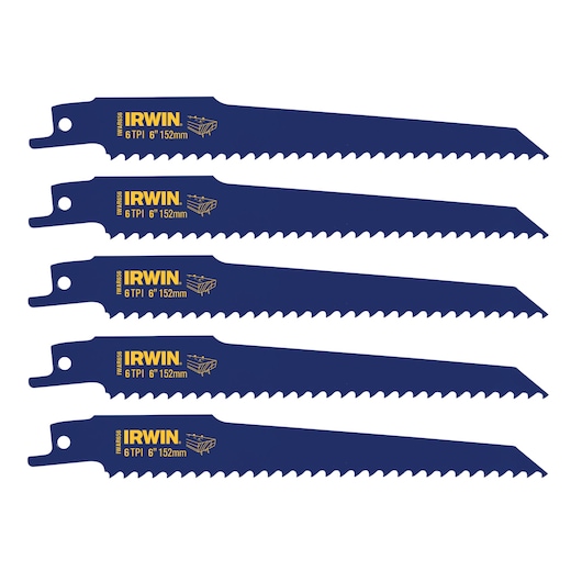 IRWIN 372656P5 reciprocating saw blade set, 5 blue blades, 6 inch 6 TPI, flat lay on white background.