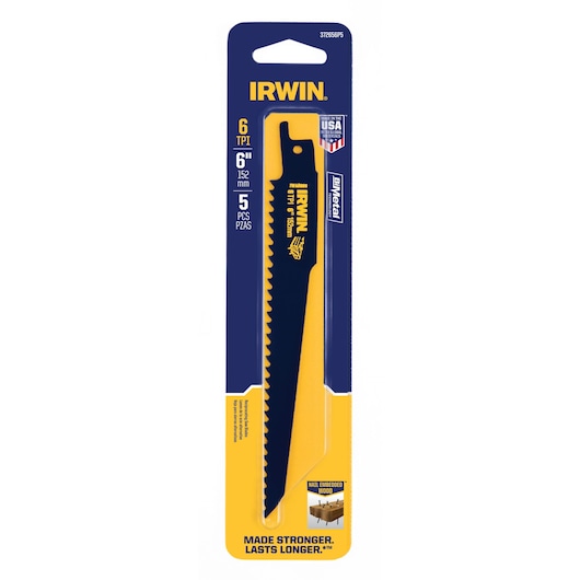 Photo of IRWIN 372656P5 reciprocating saw blade pack, 6 inch, 6 TPI, 5 pieces, blue and yellow packaging, front angle.