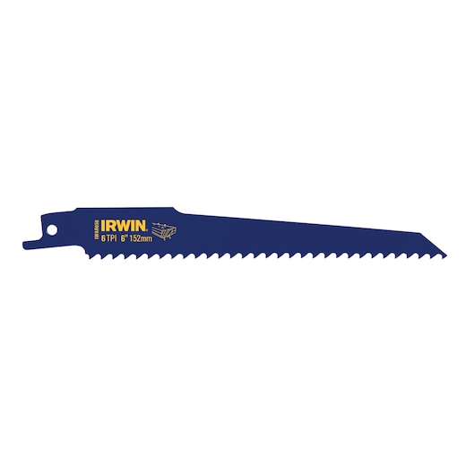 IRWIN 372656 blue reciprocating saw blade with 6 TPI, 6 inch length, side angle on white background