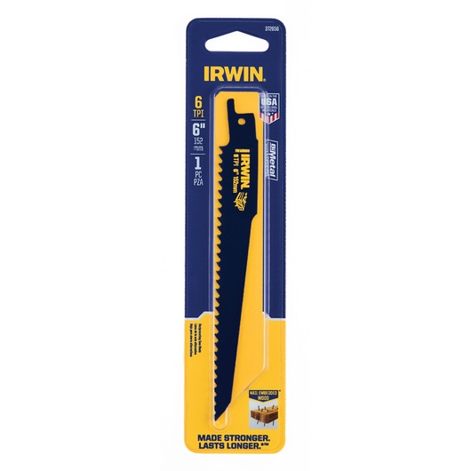 IRWIN 372656 bi-metal reciprocating saw blade, 6 inch, 6 TPI, nail embedded wood, front view, yellow and blue packaging.