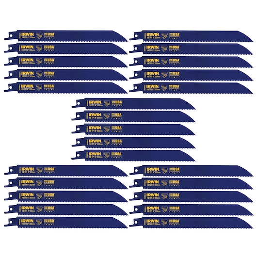 Photo of IRWIN 372810B blue reciprocating saw blades, pack of 20, with yellow branding, flat lay on white background.