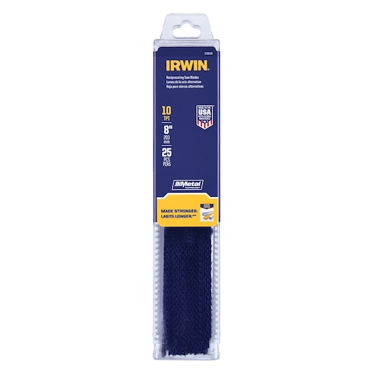 IRWIN 372810B reciprocating saw blades pack, 8 inch length, 10 TPI, 25 pieces, front view on white background.