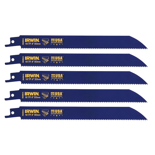 Photo of five IRWIN 372810P5 reciprocating saw blades, 8 inch, 10 TPI, blue finish, angled on white background.
