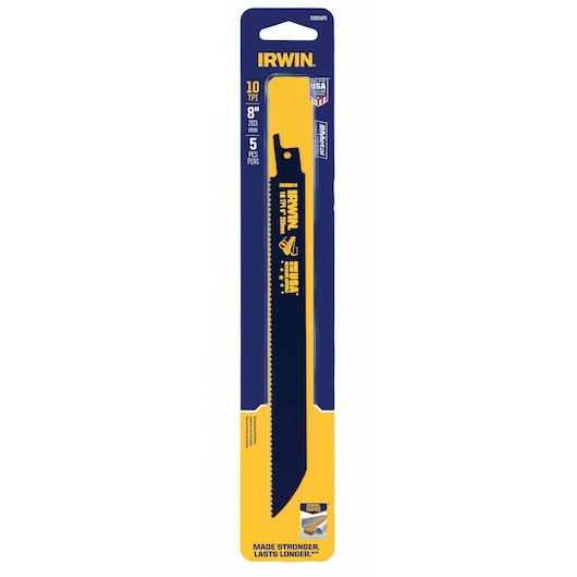IRWIN 372810P5 8-inch 10 TPI reciprocating saw blade 5-pack, blue and yellow, front angle on white background
