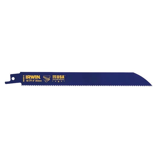 IRWIN 372810 blue reciprocating saw blade, 8 inch 10 TPI, side angle on white background.