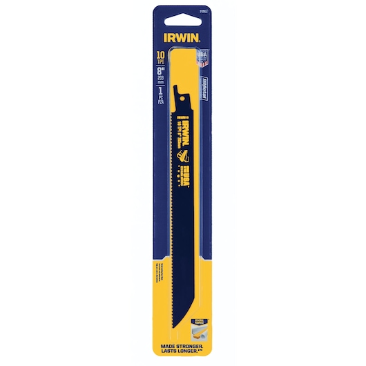 IRWIN 372810 reciprocating saw blade, 8-inch, 10 TPI, bi-metal, blue and yellow, retail packaging, front angle