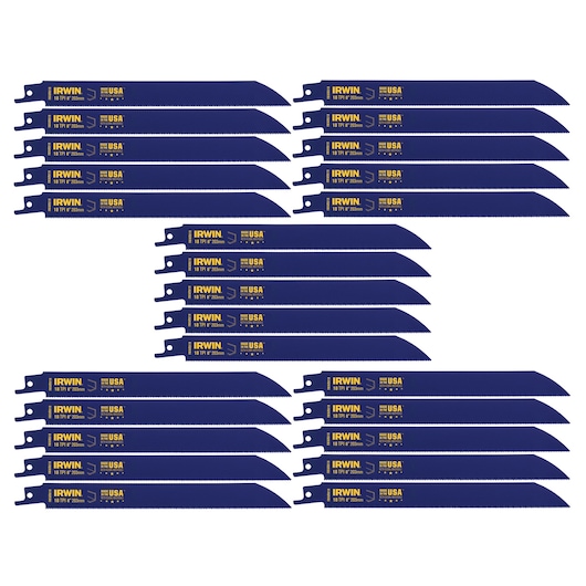 Photo of IRWIN 372818B blue reciprocating saw blades, 18 TPI, 230mm length, arranged in four rows on white background.